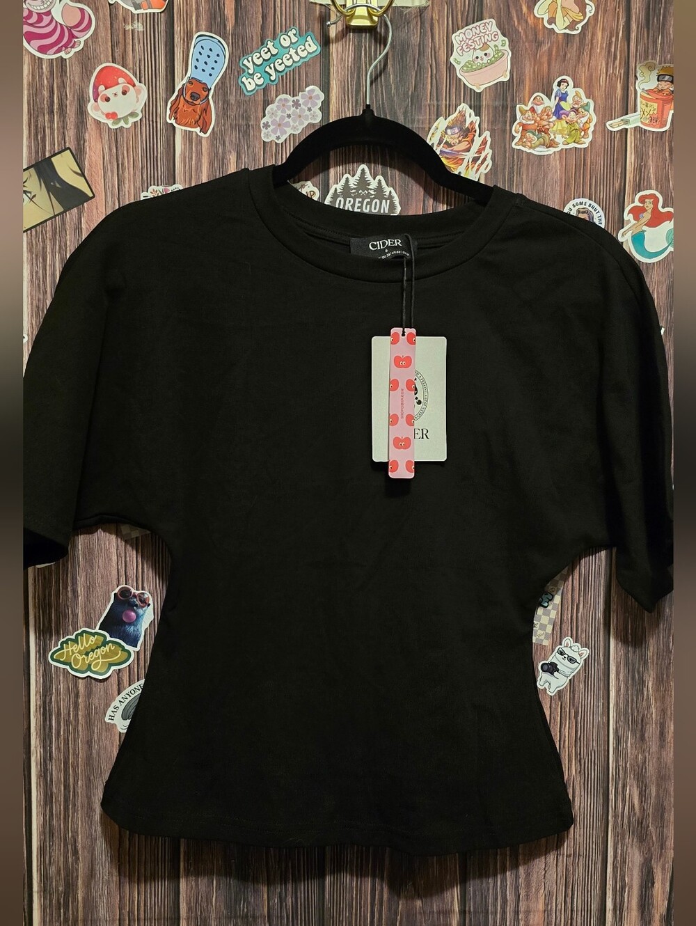 Cider Black Round Neck Ribbed Cotton Stretch Tee